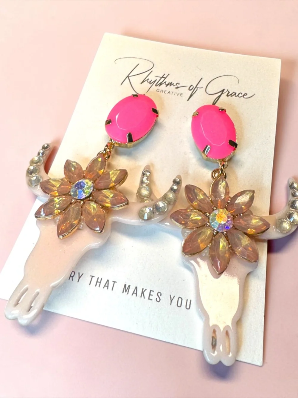 Western Cow Skull Rhinestone Floral Statement Earrings Pink NWT